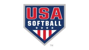 The USA Softball Logo is a navy blue softball diamond shape, outlined in grey. The text reads, "USA Softball", and below the text are four white stars and a white triangle with three red stripes to signify the USA.