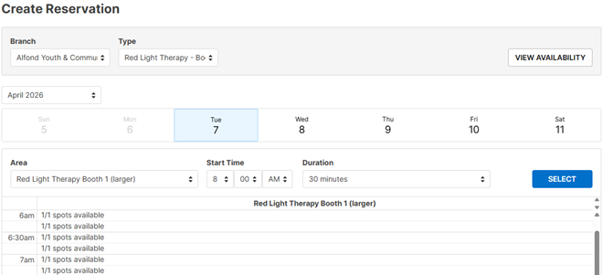 The Daxko screen to Create a Reservation and make an appointment.